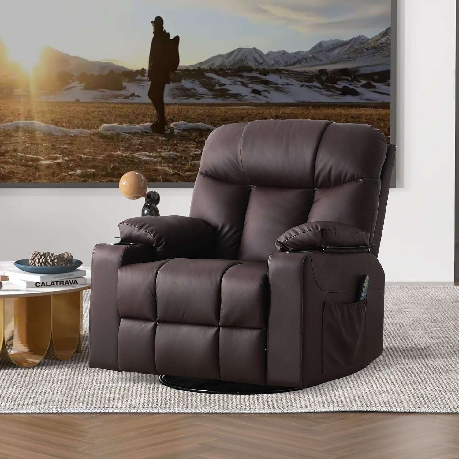 Bonzy Home Swivel Rocker Recliner with Heating and Massage, 40' Manual Rocker Recliner Chair, PU Leather Single Sofa with 2 Cup Holders for Living Room Bedroom, Brown