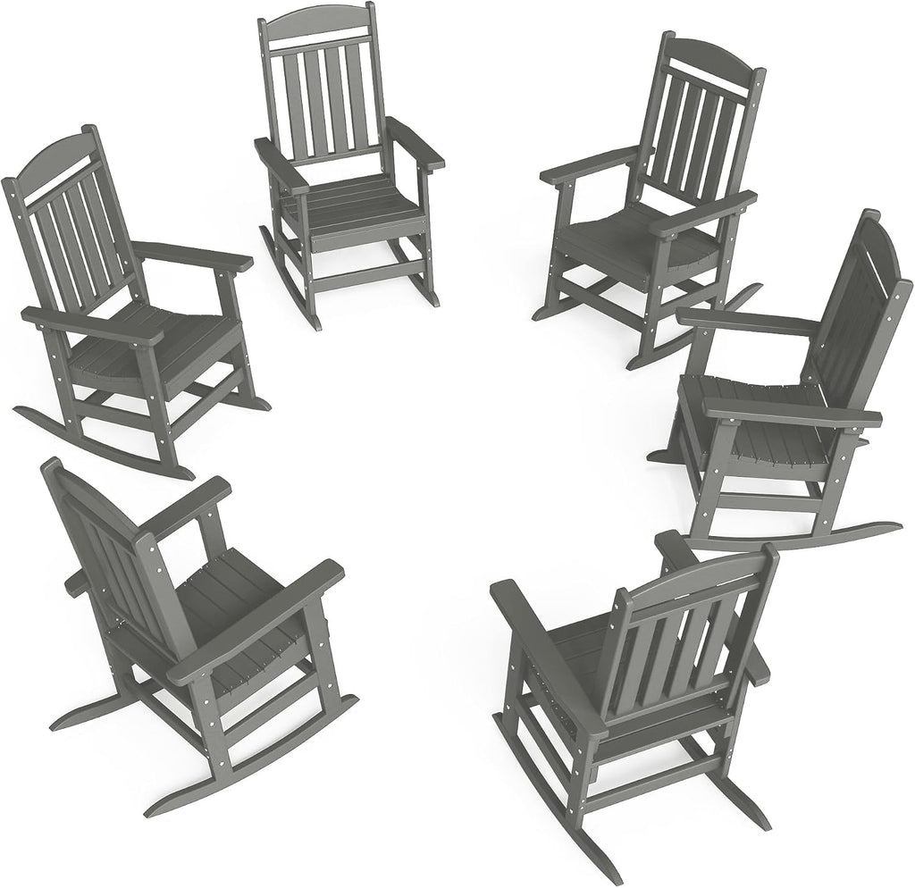FOOWIN Outdoor Rocking Chair Set of 6, High Back Patio Rocking Chair, HDPE All Weather Resistant Porch Rocker for Adult, Oversized Rocking Chairs for Garden, Lawn, Indoor & Outdoor Use, Grey