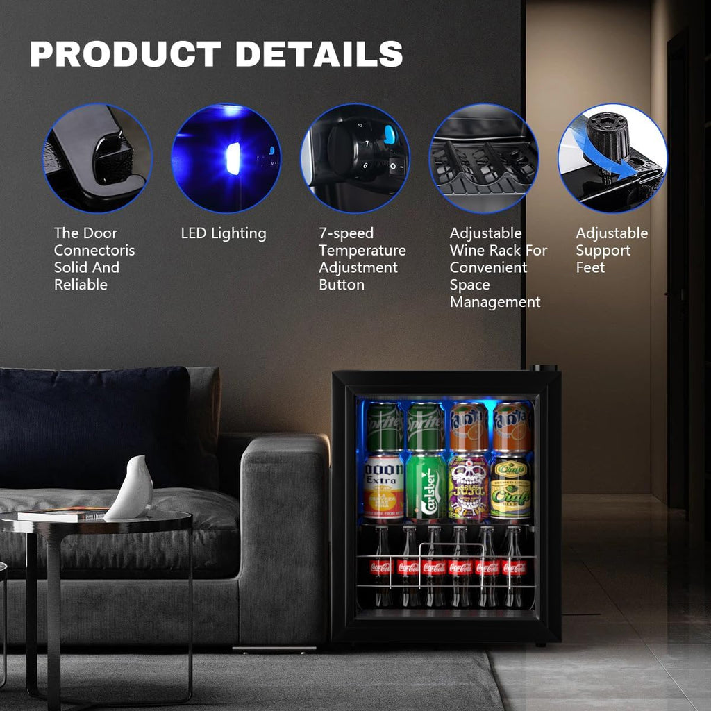 Wine Cooler Refrigerator Small Mini Fridge Freestanding Beverage Cooler, 75 Can Beverage Refrigerator with Adjustable Shelving Glass Door for Beer Soda or Wine Perfect Office Home or Bar Black