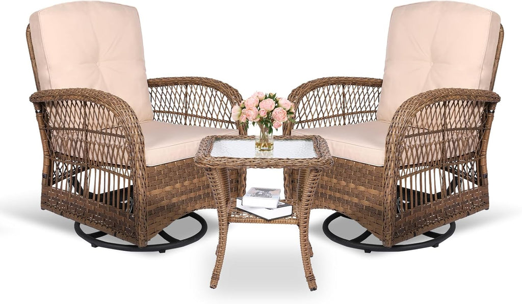MEETWARM 3 Pieces Outdoor Wicker Swivel Rocker Patio Set, Rocking Chairs Rattan Patio Furniture Sets with Thickened Cushion and Glass-Top Coffee Table, Conversation Bistro Set for Porch (Light Brown)