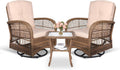 MEETWARM 3 Pieces Outdoor Wicker Swivel Rocker Patio Set, Rocking Chairs Rattan Patio Furniture Sets with Thickened Cushion and Glass-Top Coffee Table, Conversation Bistro Set for Porch (Light Brown)