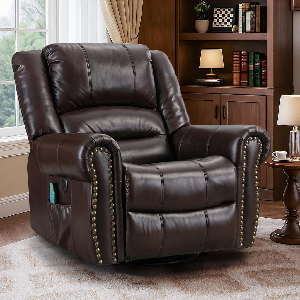 VIVIJASON Massage Swivel Rocker Recliner Chair with Heat & Vibration, 360° Swivel Manual Glider Rocking Reclining Chair with Remote Control, Side Pockets & USB Ports for Living Room, Brown