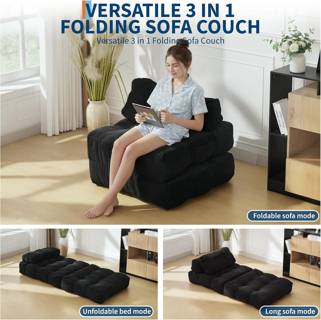 Garvee Folding Sofa Bed, Convertible Sleeper Chair with Pillow Foldable Mattress with Back Support, Boneless Fold Out Chair Bed Comfy Floor Sofa Lounge for Living Room, Bedroom, Black, Single