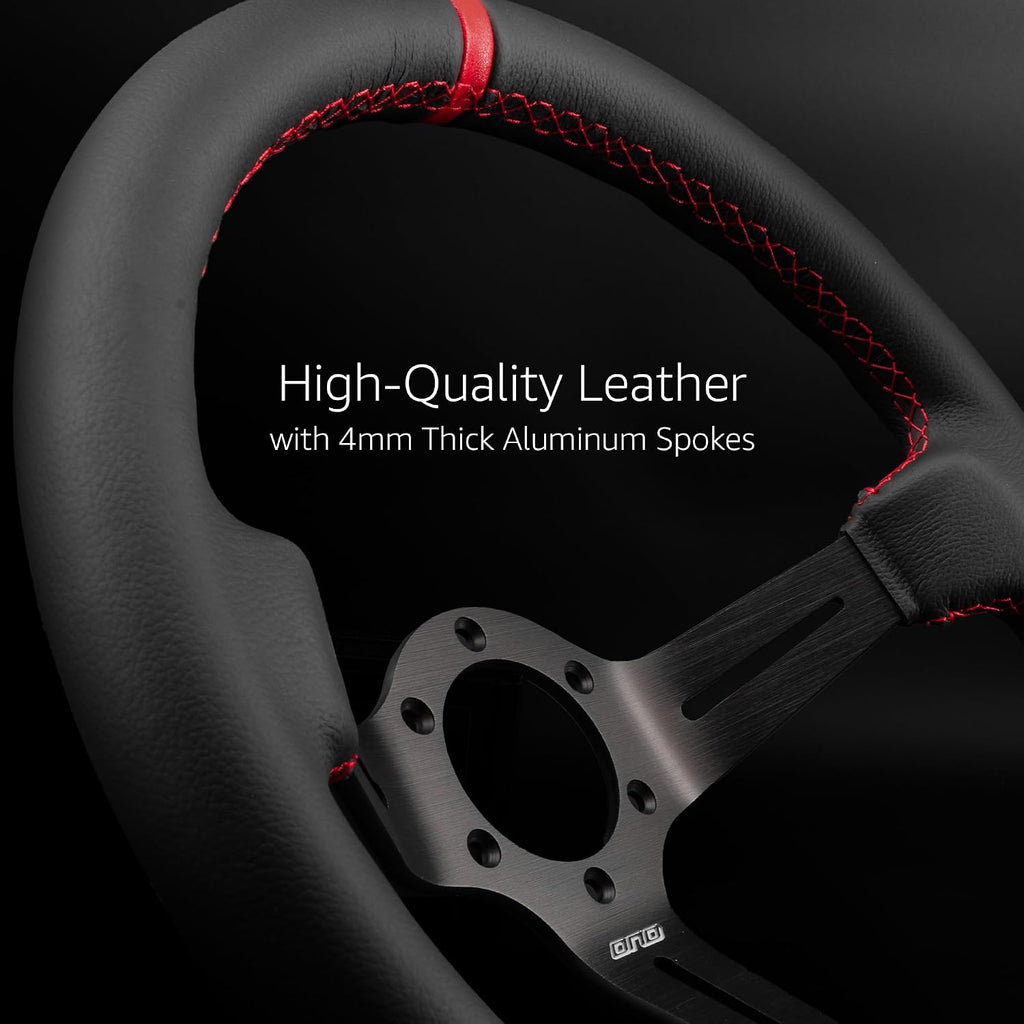 DND Performance Interior's Leather Race Steering Wheel / 350mm Diameter and 75mm Depth / 6x70mm Bolt Pattern/DND Leather Steering Wheel with Horn Button Included (Colored Stitching) (Red)