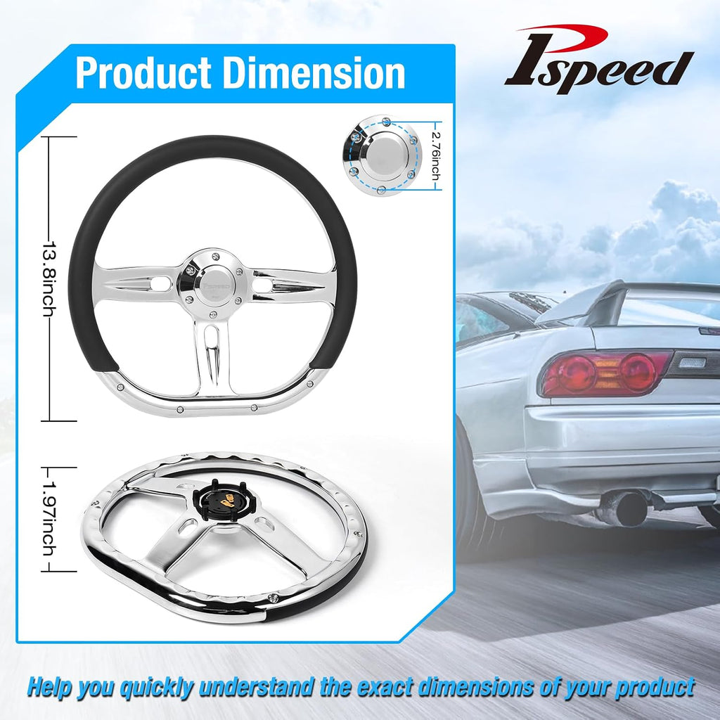 14 inch D-shaped steering wheel, 6 Bolt 3 Spokes Chrome-Plated aluminum alloy Black Microfiber Leather Grip Deep Dish 50MM with horn Fit for Cars,for Classic Car,for Vintage Car steering wheel