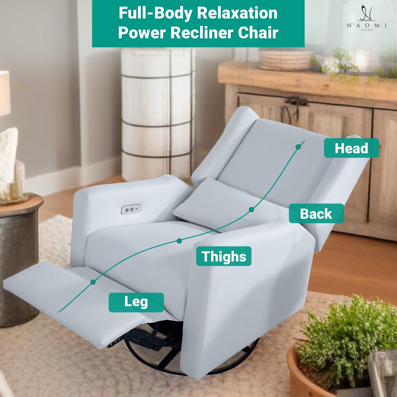 Naomi Home Tanya Luxury Motion Recliner Chair, Light Gray – Plush Upholstered Glider Rocker with USB Charging, Swivel, and Lumbar Support for Nursery Comfort, 275 lbs Capacity