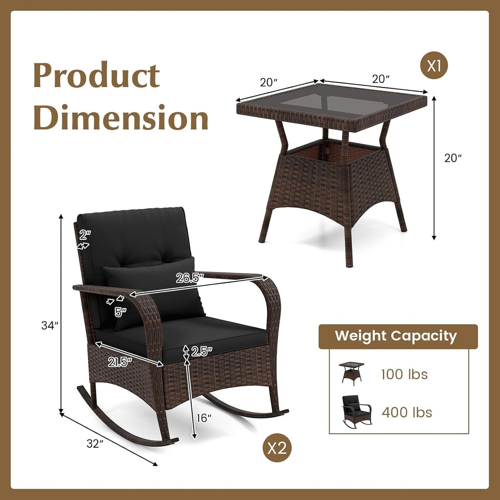 HAPPYGRILL 3 Piece Outdoor Rocking Bistro Set, Rattan Wicker Rocking Chairs with Tempered Glass Coffee Table, Rocker Chairs Set with Cushions & Pillows, for Backyard, Porch, Poolside (Black)
