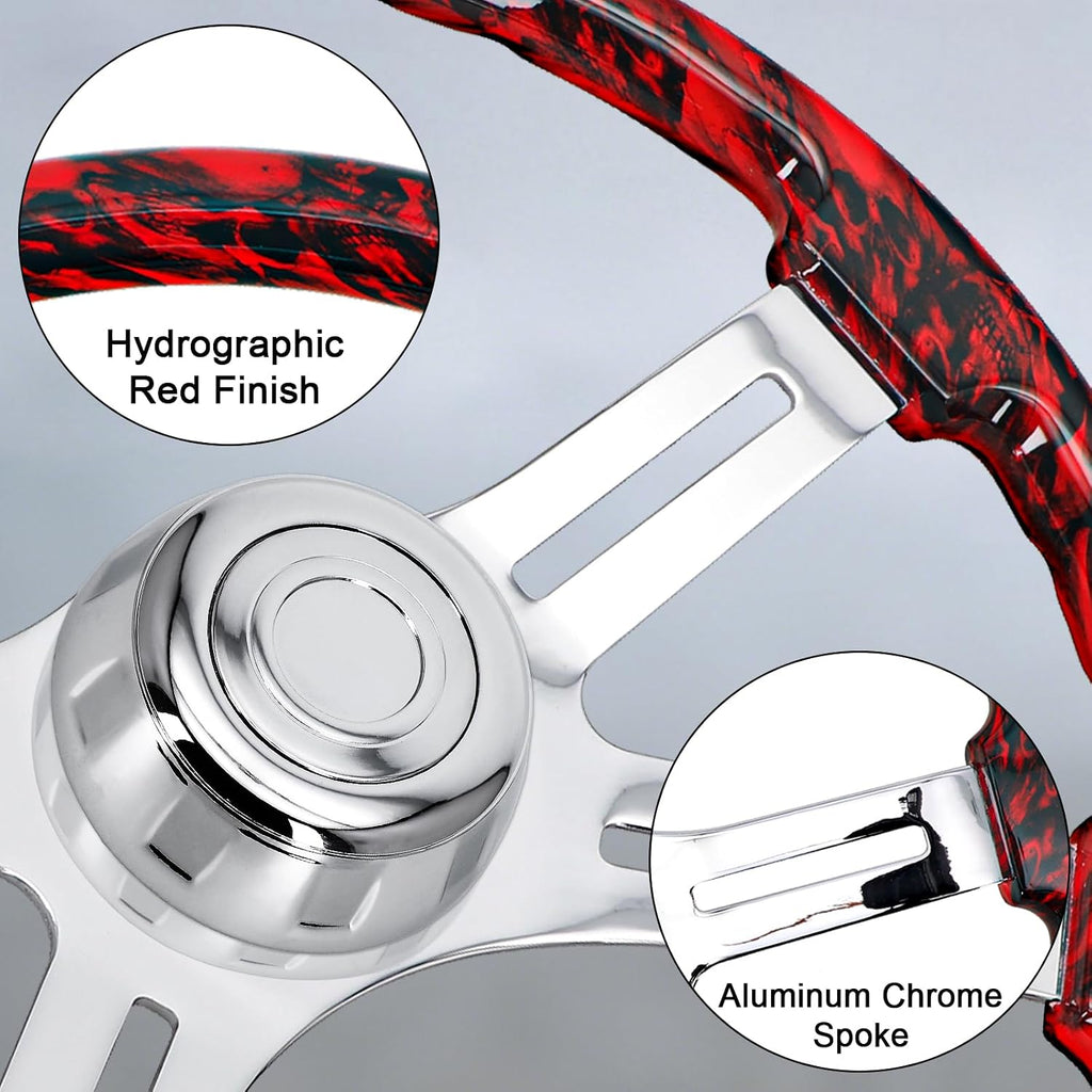 Sorghum 18' Solid Wood Steering Wheel - Hydrographic Red Skulls 4 Spokes Aluminum Chrome Steering Wheel with Horn Button for Trucks Compatible with Mack Kenworth Peterbilt Volvo Freightliner