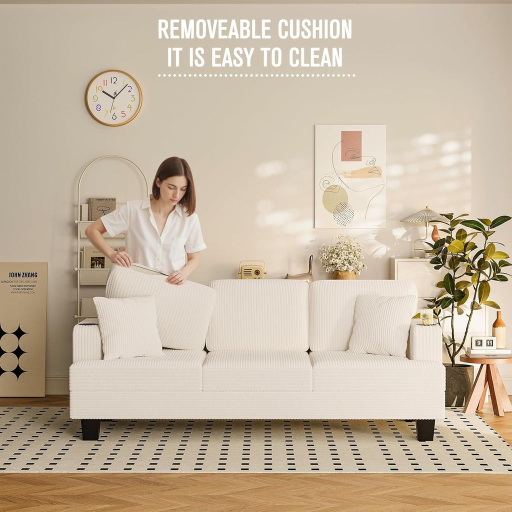 83' Modern Couch with Cup Holders, 3 Seater Couch with Comfy Pillow & Side Storage Pockets, Corduroyn Small Couch with Deep Seat Couch for Living Room, Bedroom, Apartment and Office (Beige)