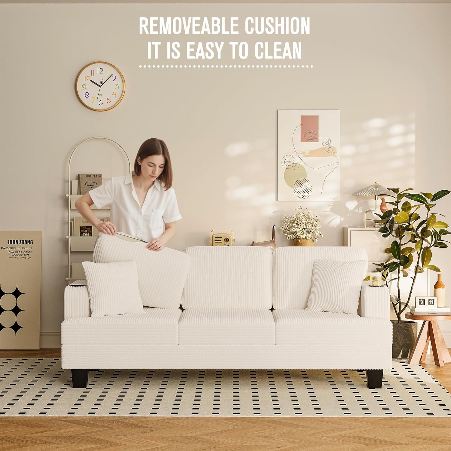 83' Modern Couch with Cup Holders, 3 Seater Couch with Comfy Pillow & Side Storage Pockets, Corduroyn Small Couch with Deep Seat Couch for Living Room, Bedroom, Apartment and Office (Beige)