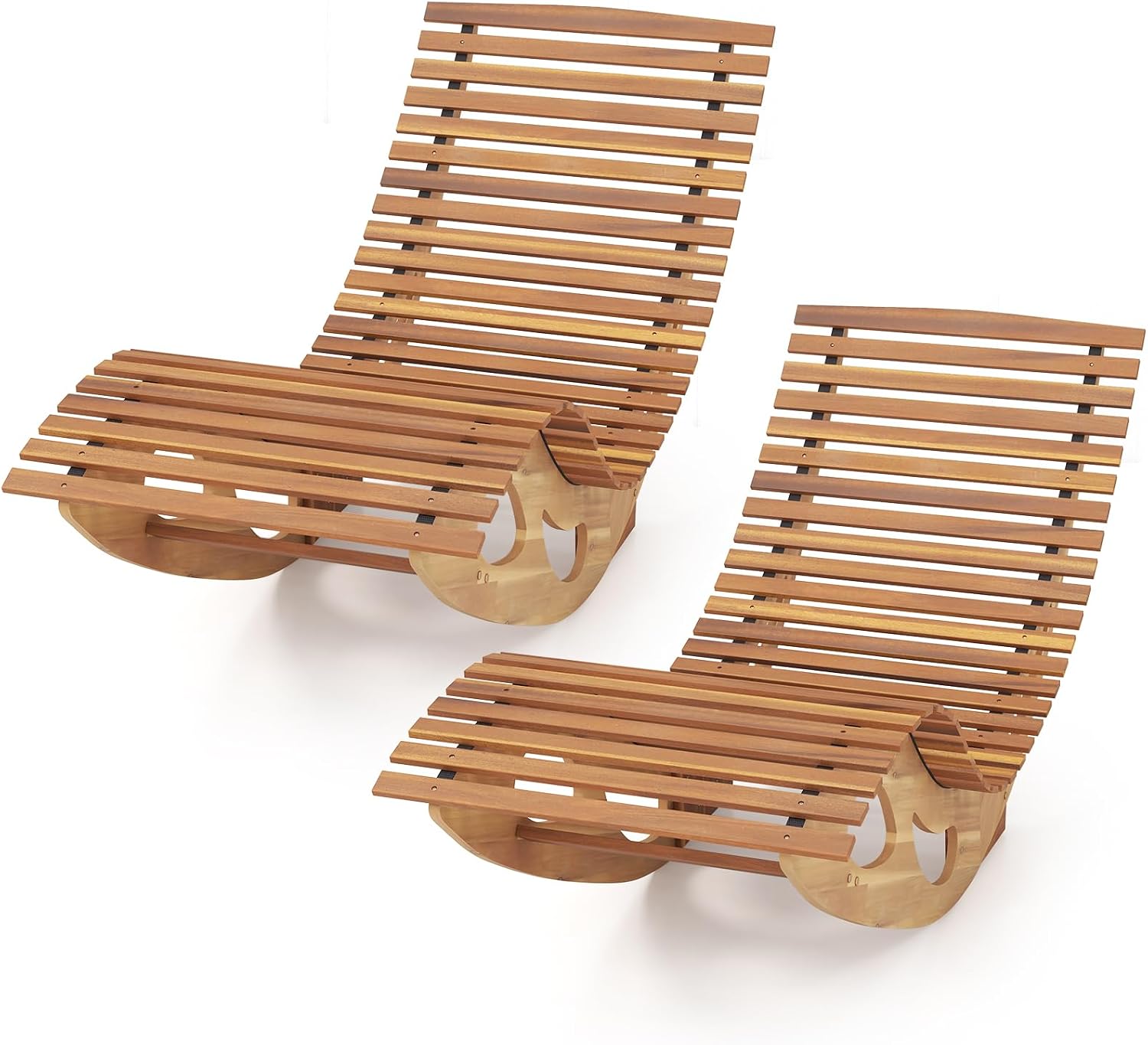 Giantex Acacia Wood Outdoor Rocking Chair, Set of 2 Patio Lounge Chair with Ergonomic Curved & Slatted Seat, High Back, Bottom Stopper, Outside Chaise Lounge, 63'x23.5'x26' Pool Lounger for Porch