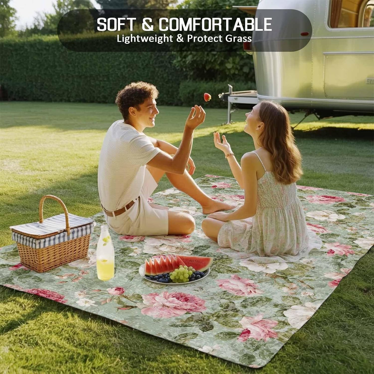 White Pink Flower Outdoor Rug for Patio/Deck/Porch, Non-Slip Large Area Rug 5 x 8 Ft, Shabby Chic Spring Vintage Leaf Green Indoor Outdoor Rugs Washable Area Rugs, Reversible Camping Rug Carpet Runner