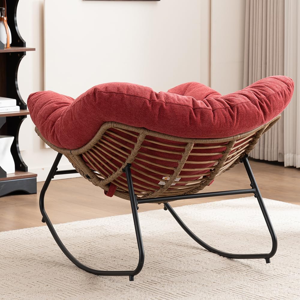 Outdoor Papasan Chair, Oversized Rocking Chair with Cushion and Metal Frame, Patio Lounge Rocking Chair for Balcony Backyard Porch Bedroom Living Room (Red)