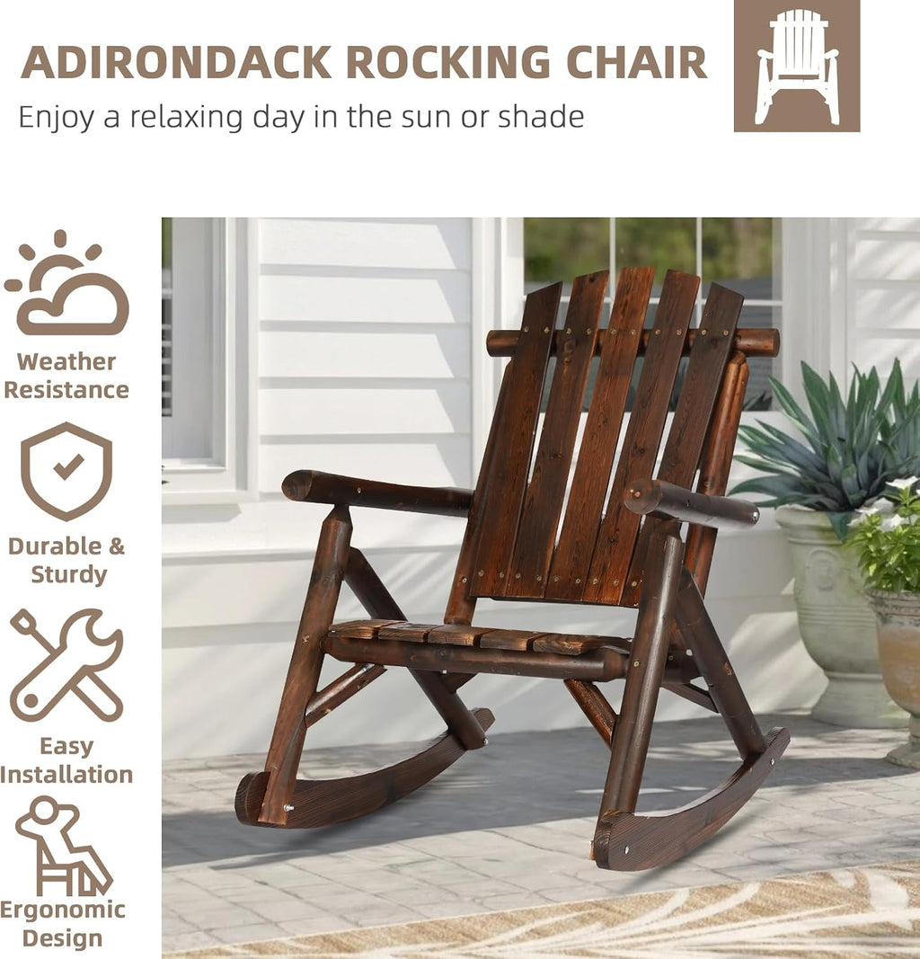 3-Piece Outdoor Wood Rocking Bistro Set, Rustic Adirondack Rocker Chair Set with High Back & Slatted Seat and Side Table, Patio Wooden Conversation Set for Indoor Deck Garden Porch, Carbonized