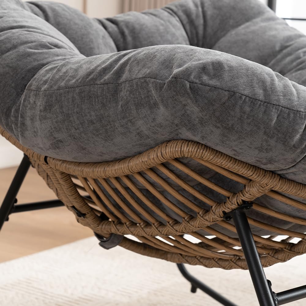 Outdoor Papasan Chair, Oversized Rocking Chair with Cushion and Metal Frame, Patio Lounge Rocking Chair for Balcony Backyard Porch Bedroom Living Room (Grey)