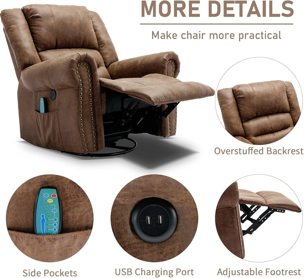 Manual Swivel Rocker Recliner with Heat and Vibration, 360° Swivel Glider Rocking Recliner, Ergonomic Lounge Massage Recliner Chairs with Side Pockets & USB Ports, Nut Brown