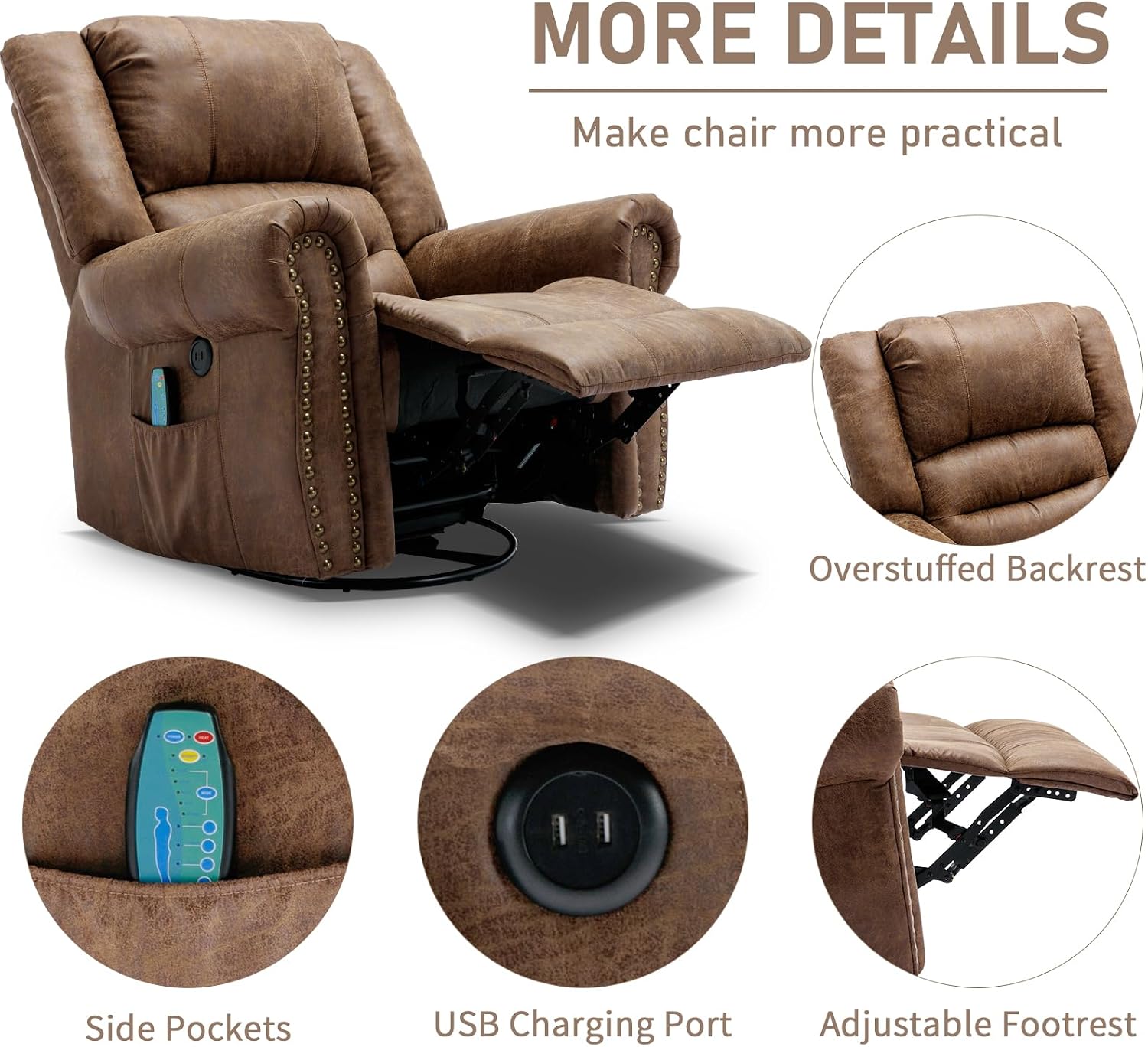 Manual Swivel Rocker Recliner with Heat and Vibration, 360° Swivel Glider Rocking Recliner, Ergonomic Lounge Massage Recliner Chairs with Side Pockets & USB Ports, Nut Brown