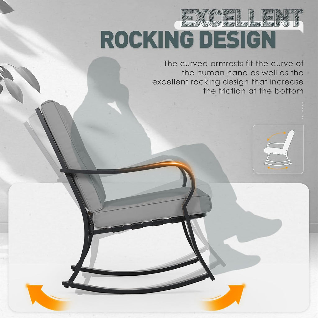 Incbruce 3 Piece Patio Bistro Set Outdoor Rocking Chairs Set, Porch Patio Conversation Chairs Set of 2 with Glass-Top Coffee Table (Grey Thickened Cushion)