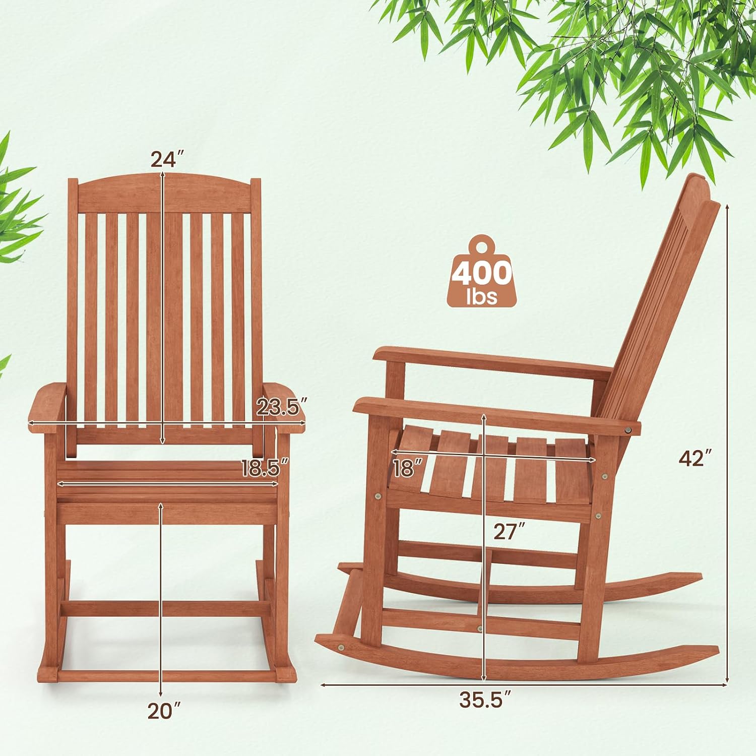 Tangkula Outdoor Patio Wood Rocking Chair, Relaxing Rocker w/High Backrest, Wide Armrests, Curved Seat, for Porch, Patio, Garden, Backyard, 400 LBS Support, Natural (2)
