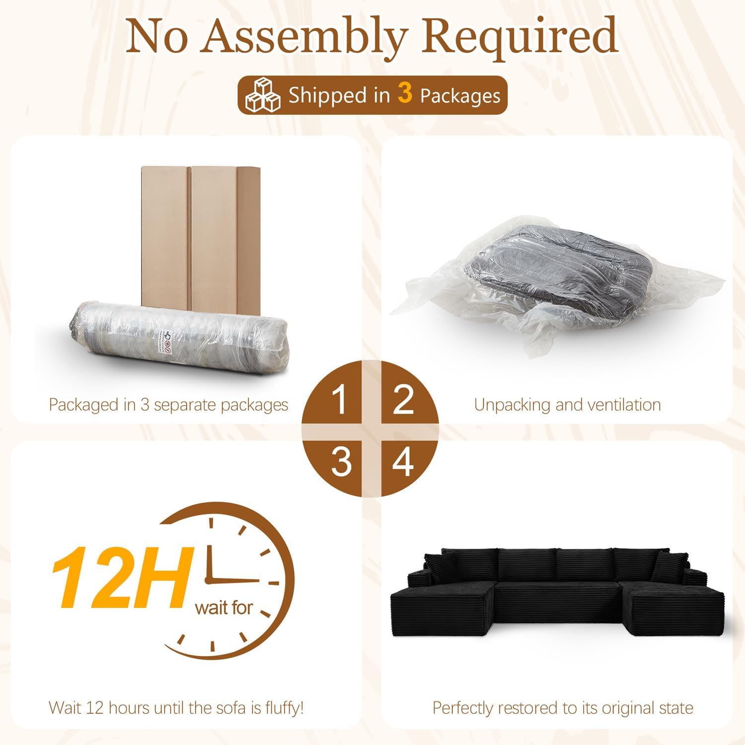125' Modular Sectional Sleeper Sofa, Boneless Cloud Couch for Living Room, U Shaped 5 Seat Sofa with 2 Storage Pockets& 2 Cup Holders, Free Combination, No Assembly Required (Black, 125')