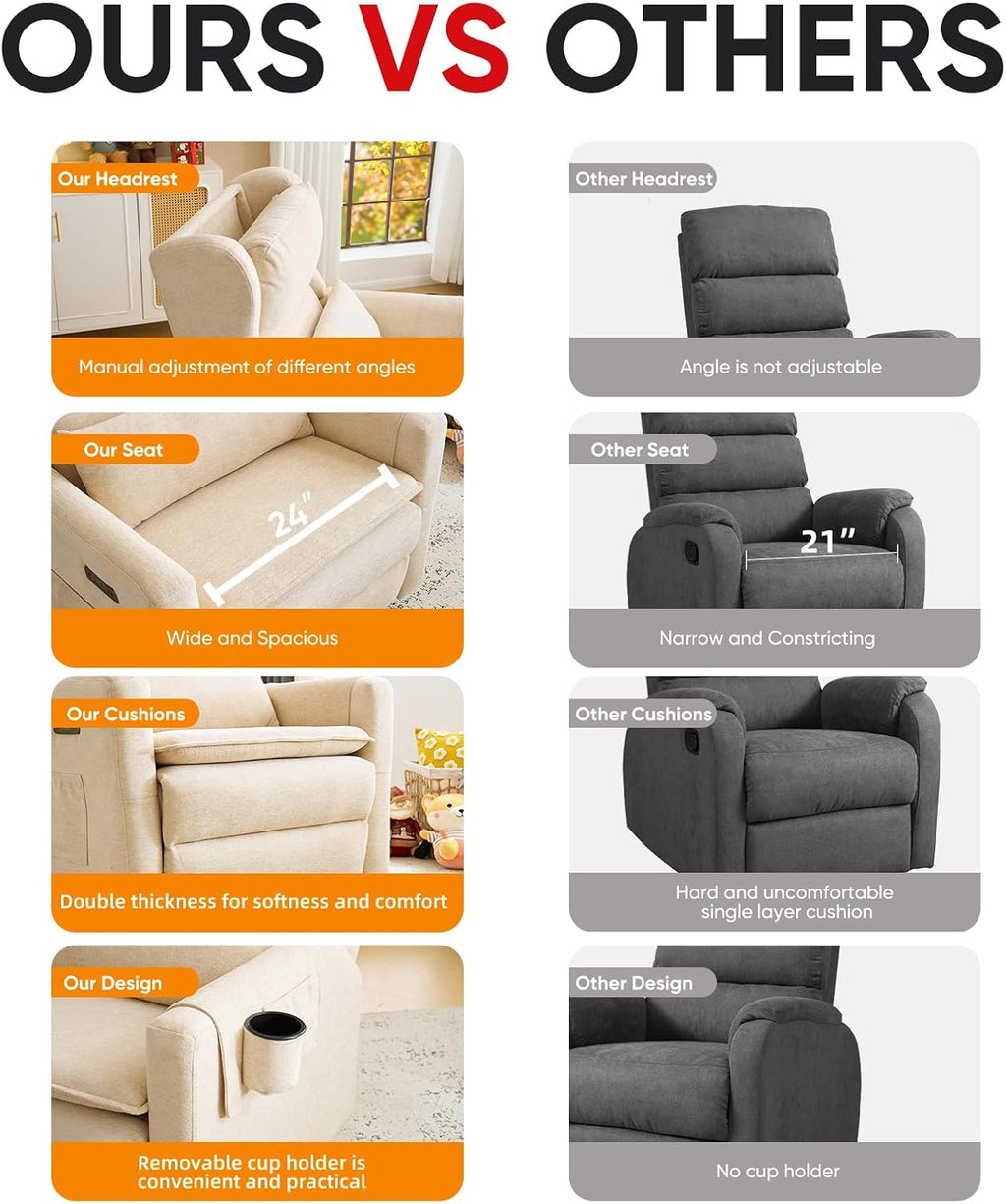 Swivel Rocker Recliner with Overstuffed Lumbar Support,Oversized Rocking Chair Nursery with Adjustable Headrest,Power Recliner Nursery Chair for Living Room,Beige