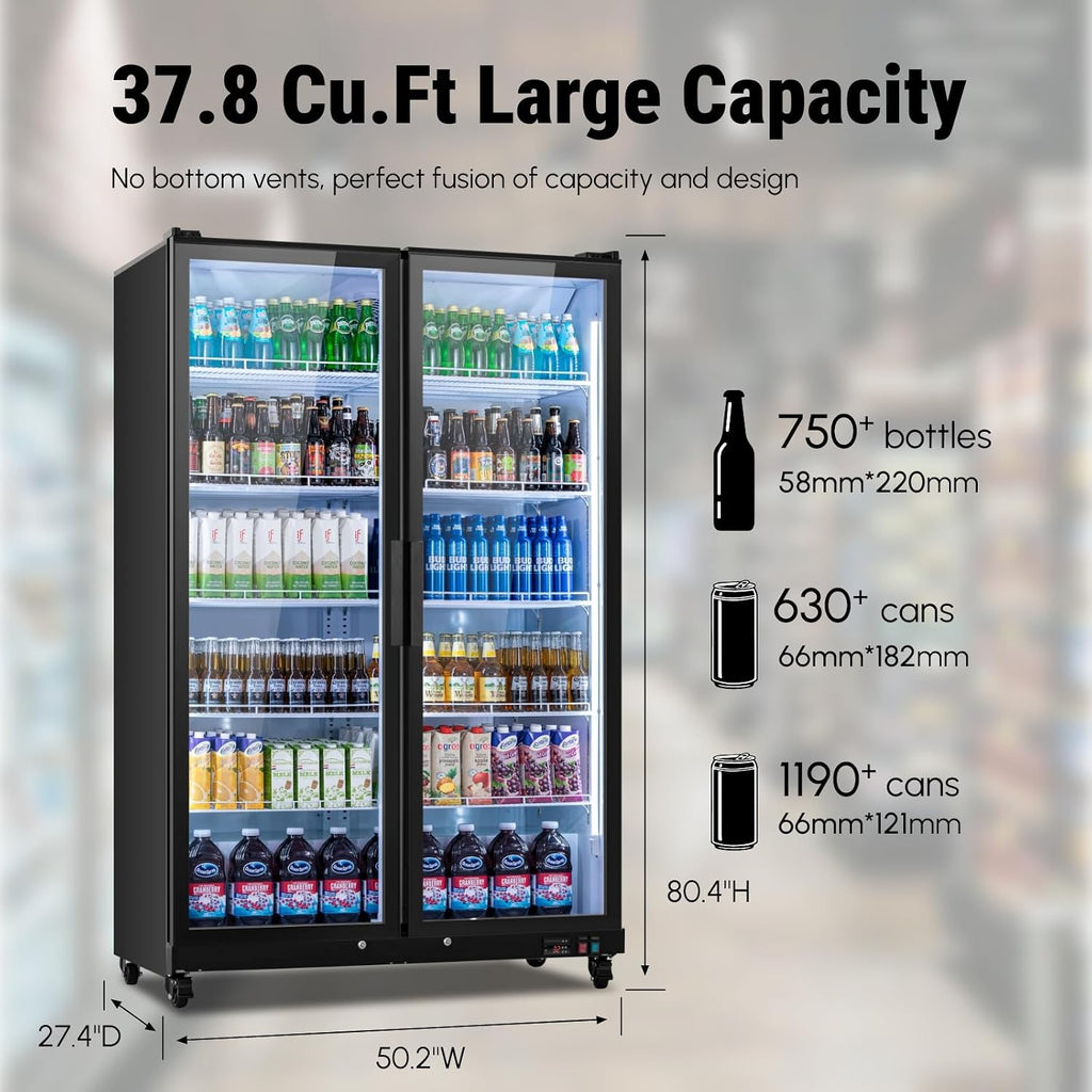 Yeego Commercial Refrigerators - 37.8 Cu.Ft 2 Glass Doors Commercial Beverage Refrigerator with Dual LED Light & Adjustable Shelves, 32-50°F Commercial Cooler for Stores Bakery Bar Offices Restaurants