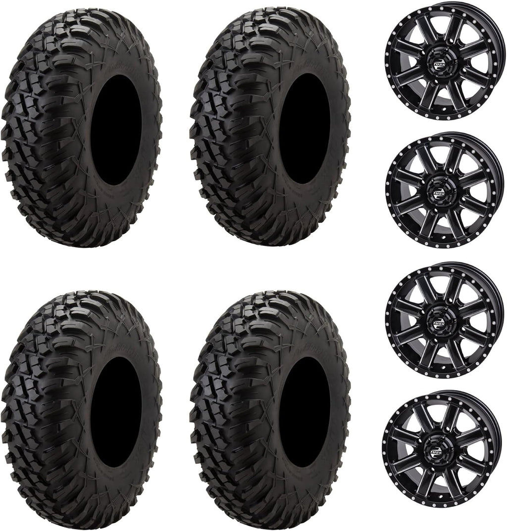 Tusk Racing Four 28x10-14 Tusk TERRABITE 8-Ply Radial UTV Tires mounted on Tusk CASCADE Wheels - For POLARIS applications - 4/156 bolt pattern - Includes Lug Nuts (5+2 Wheel Offset, Machined/Black)