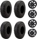 Tusk Racing Four 28x10-14 Tusk TERRABITE 8-Ply Radial UTV Tires mounted on Tusk CASCADE Wheels - For POLARIS applications - 4/156 bolt pattern - Includes Lug Nuts (5+2 Wheel Offset, Machined/Black)