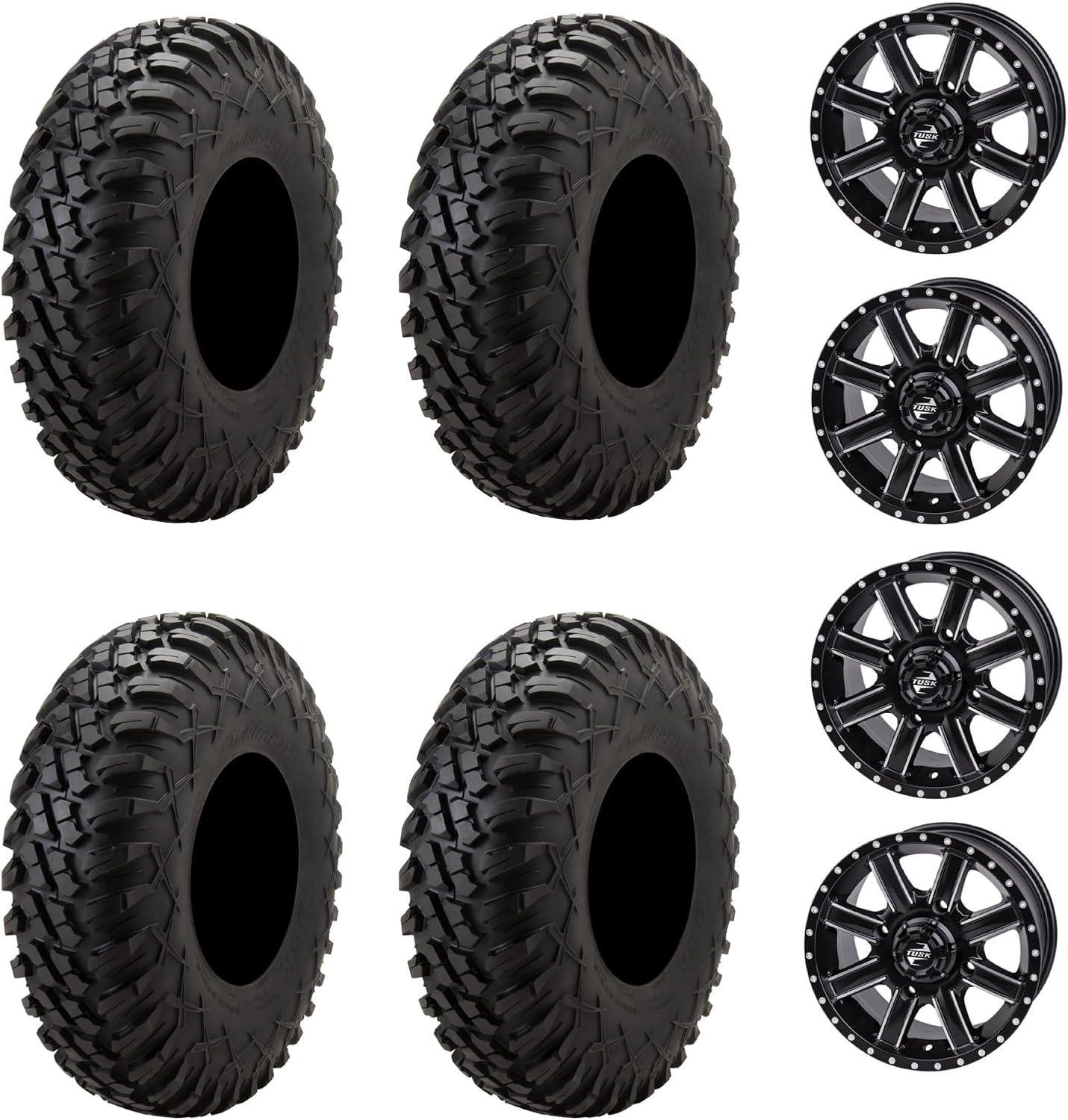 Tusk Racing Four 28x10-14 Tusk TERRABITE 8-Ply Radial UTV Tires mounted on Tusk CASCADE Wheels - For POLARIS applications - 4/156 bolt pattern - Includes Lug Nuts (5+2 Wheel Offset, Machined/Black)