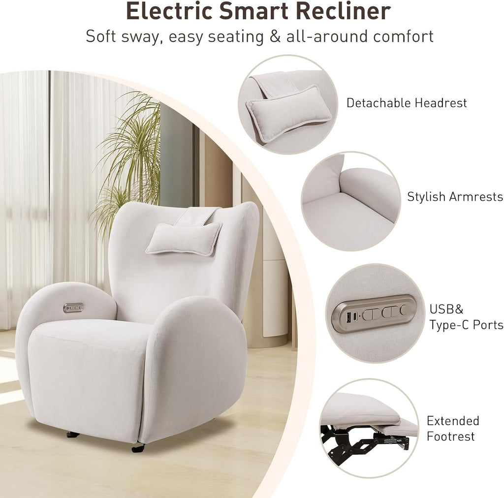 EONIX Stylish Power Glider Rocker Recliner Chair, Dual Motor Independently Controlled Footrest and Backrest, Detachable Headrest, Lazy Boy Recliner Chair for Living Room, SXXY010041, Cream White