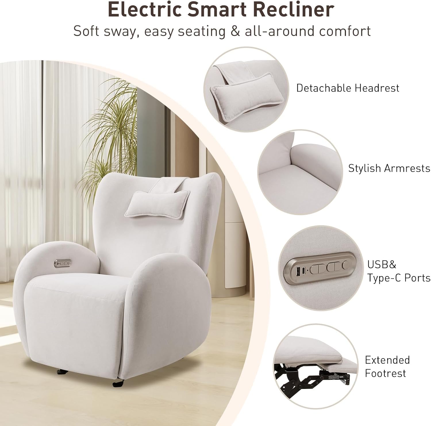 EONIX Stylish Power Glider Rocker Recliner Chair, Dual Motor Independently Controlled Footrest and Backrest, Detachable Headrest, Lazy Boy Recliner Chair for Living Room, SXXY010041, Cream White