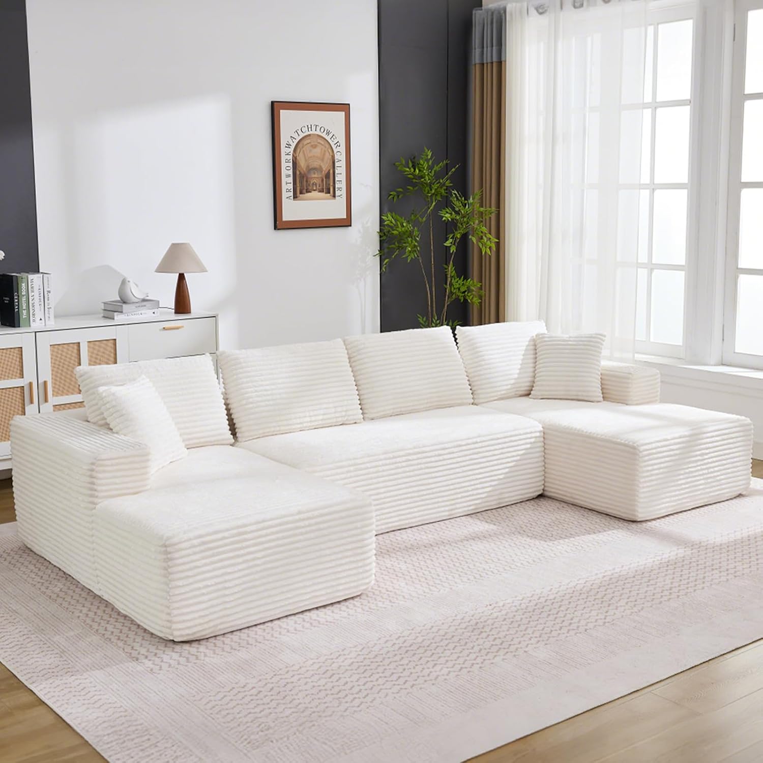 Garvee Boneless Couch U Shaped Sectional 130'' Modern Modular Cloud Couch with 2 Chaise Lounge, 4-Seat Corduroy Deep Seat Sofa with Pillows for Living Room