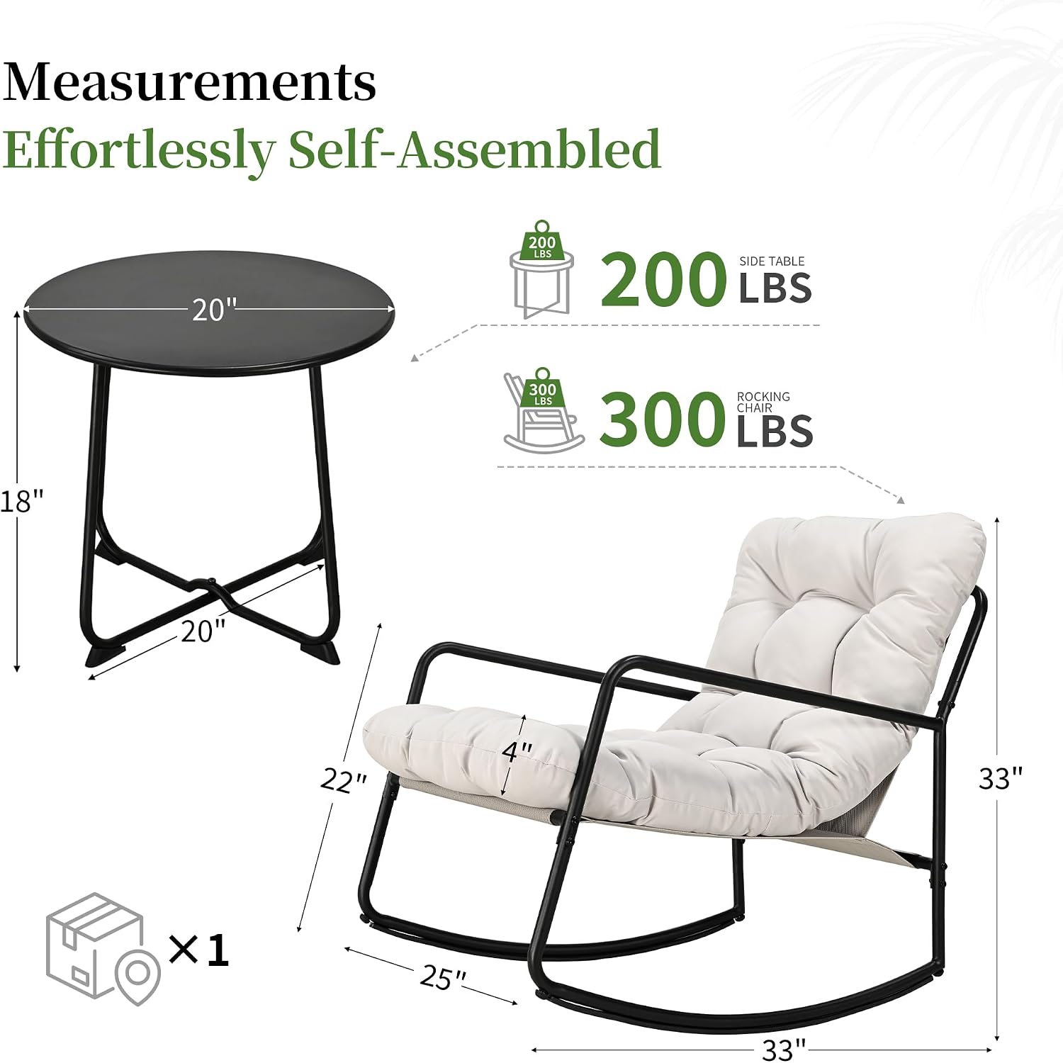 2-Piece Outdoor Rocking Chair Set, Comfy Papasan Patio Lounge Chair with Thick Cushion, Oversized Patio Bistro Furniture with Side Table for Porch, Garden, Living Room (Beige)