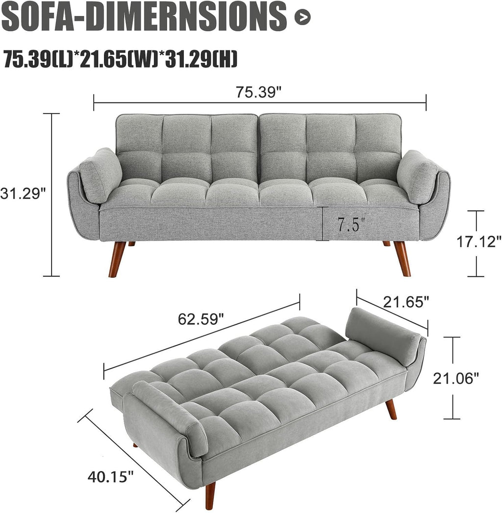 Convertible Futon Sofa Bed, Sleeper Couch Bed with Adjustable Backrests, Linen 3 Seater Small Couches for Small Spaces, Living Room, Bedroom(Gray, 75')