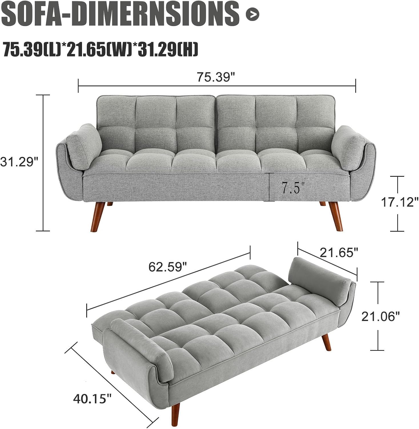 Convertible Futon Sofa Bed, Sleeper Couch Bed with Adjustable Backrests, Linen 3 Seater Small Couches for Small Spaces, Living Room, Bedroom(Gray, 75')