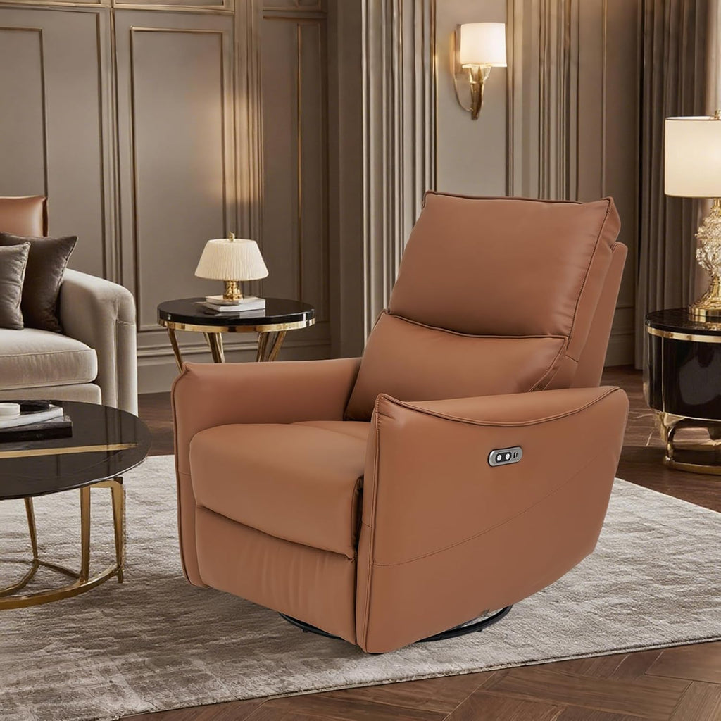 Recliner Sofa Rocking Chair Swivel Power Reclining Adjustable 360 Degree Spinning with Ergonomics Lumbar Support Natural Leather for Home Theater Seating Living Room, Bedroom, Nursery, Brown