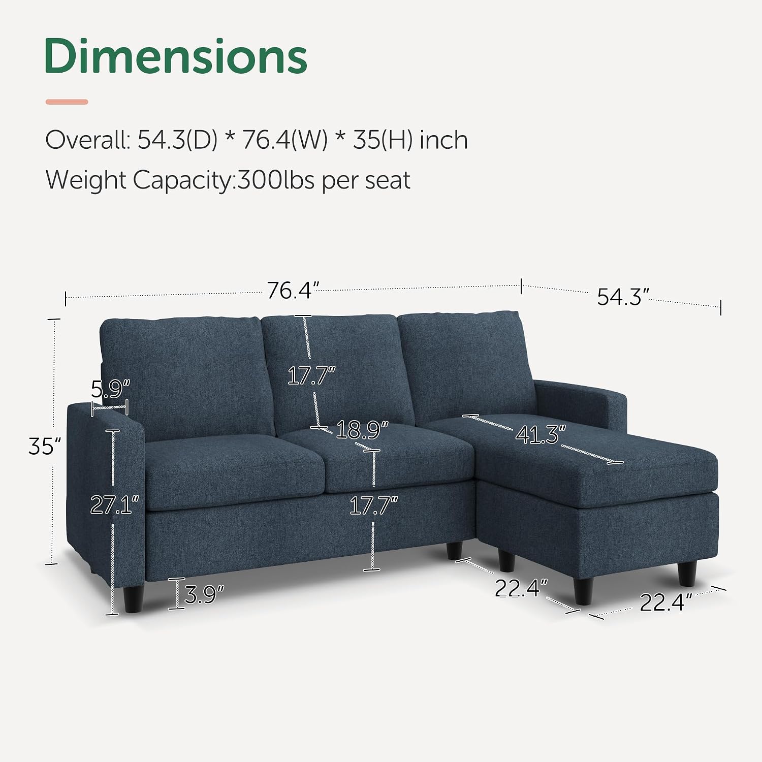 HONBAY Convertible Sectional Sofa, L Shaped Couch with Reversible Chaise for Small Space, Mid Blue