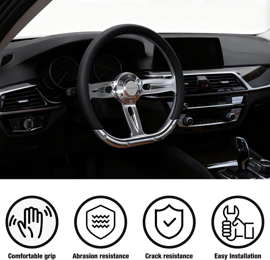 14 inch D-shaped steering wheel, 6 Bolt 3 Spokes Chrome-Plated aluminum alloy Black Microfiber Leather Grip Deep Dish 50MM with horn Fit for Cars,for Classic Car,for Vintage Car steering wheel