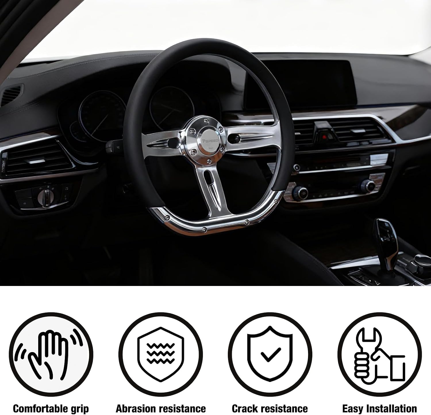 14 inch D-shaped steering wheel, 6 Bolt 3 Spokes Chrome-Plated aluminum alloy Black Microfiber Leather Grip Deep Dish 50MM with horn Fit for Cars,for Classic Car,for Vintage Car steering wheel