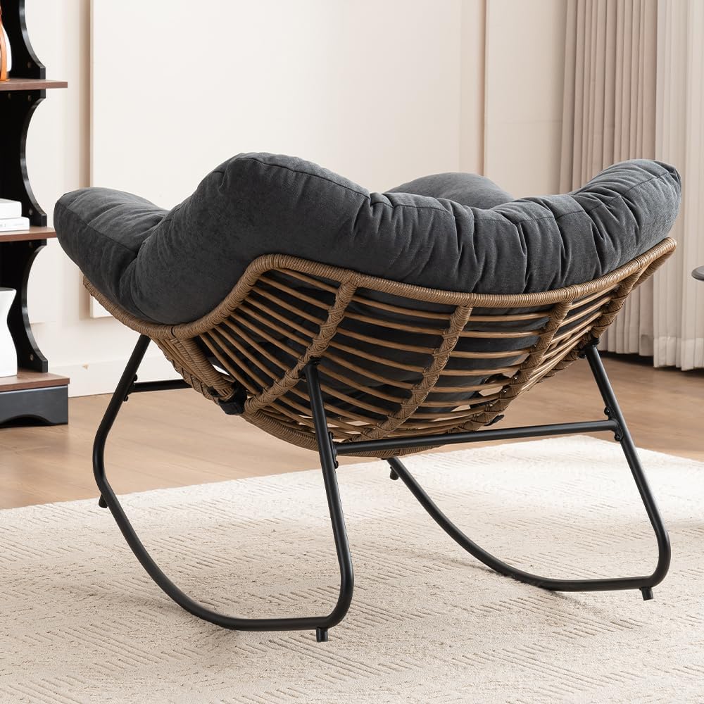 Outdoor Papasan Chair, Oversized Rocking Chair with Cushion and Metal Frame, Patio Lounge Rocking Chair for Balcony Backyard Porch Bedroom Living Room (Black)