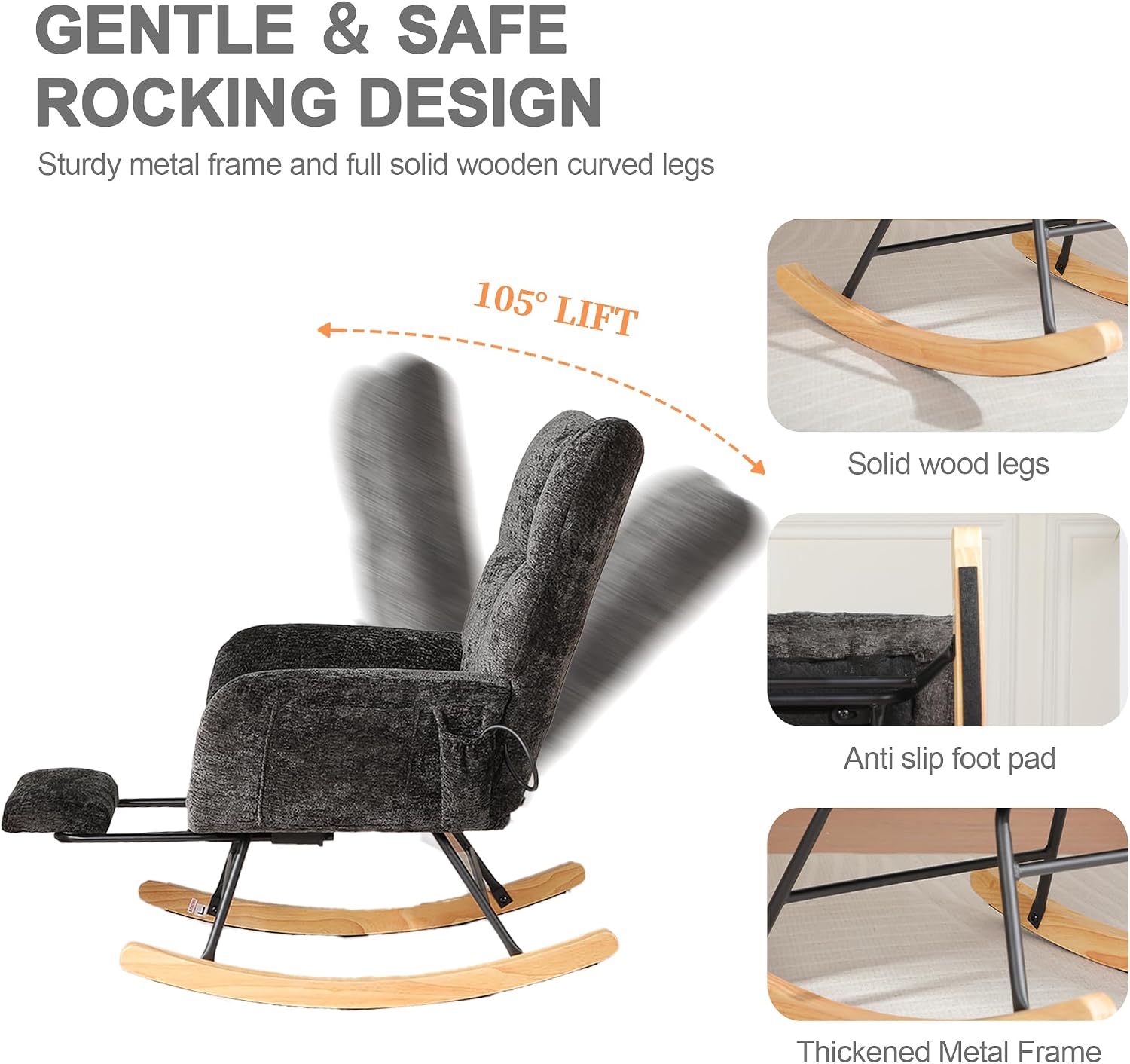 Rocking Chair Nursery with Airbag, Comfy Modern Nursery Rocking Reading Chair Indoor with Footrest, Cozy Upholstered Glider Rocker Chairs for Living Room Bedroom Offices(Chenille, Black)