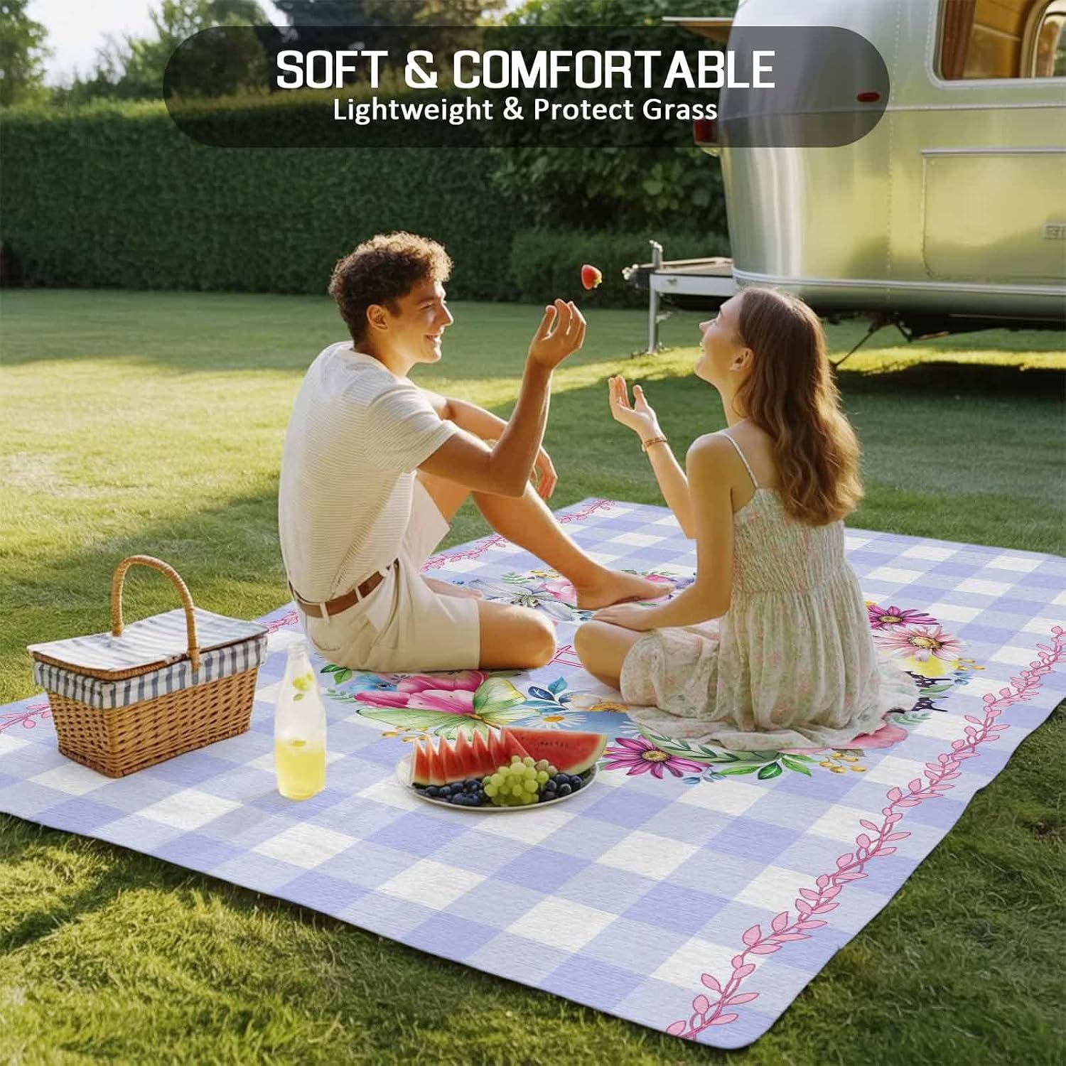 Happy Easter Outdoor Rug for Patio/Deck/Porch, Non-Slip Large Area Rug 4 x 6 Ft, Colorful Eggs Flowers Butterfly Purple Plaid Indoor Outdoor Rugs Washable Area Rugs, Camping Rug Carpet Runner