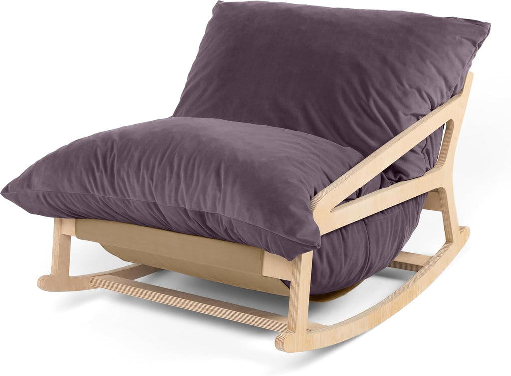 Pillow Saxx Bean Bag Rocking Chair - Elegant Oversized Rocker with Modern Wood Frame, Lush Velvet Purple