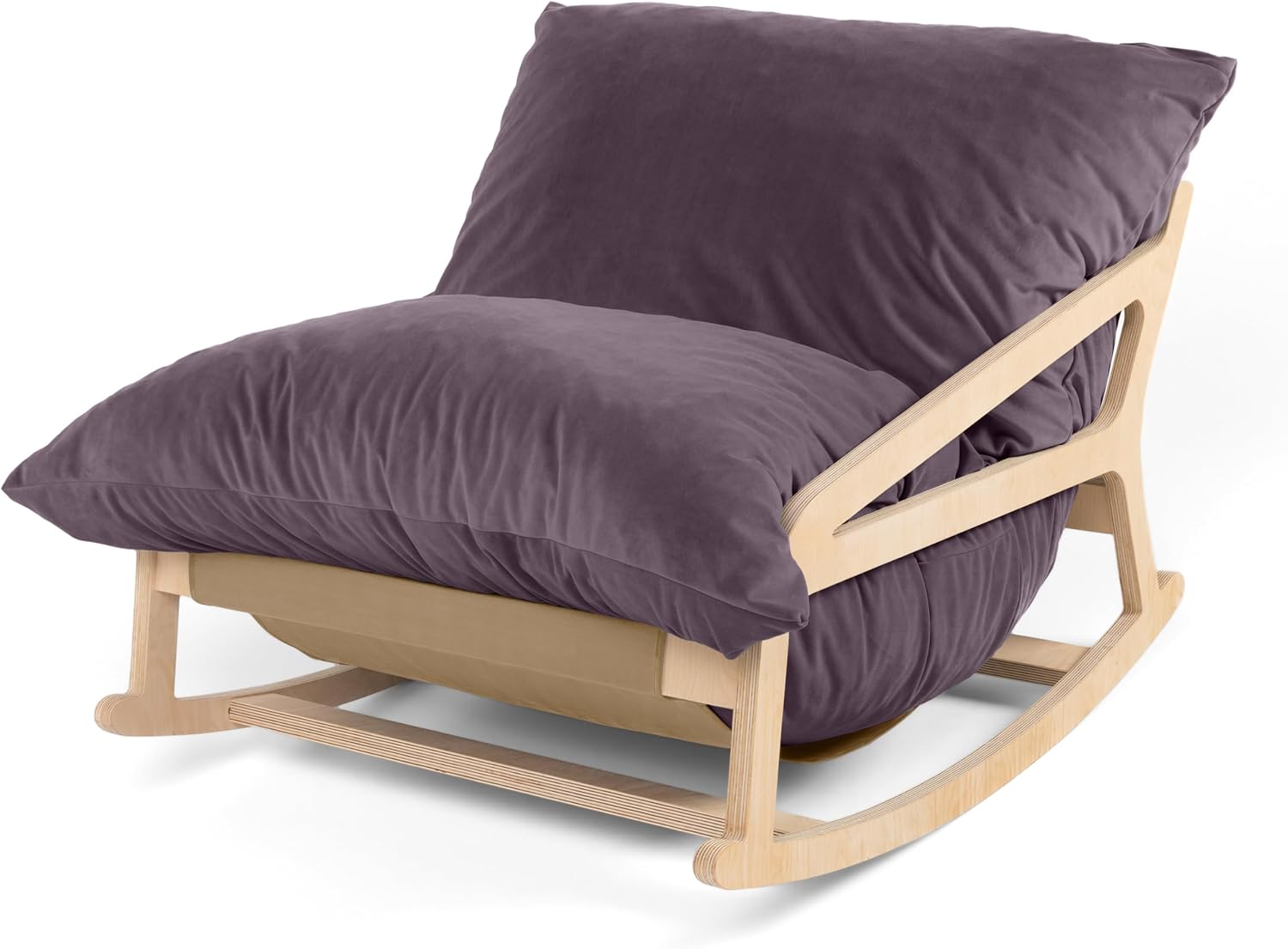 Pillow Saxx Bean Bag Rocking Chair - Elegant Oversized Rocker with Modern Wood Frame, Lush Velvet Purple