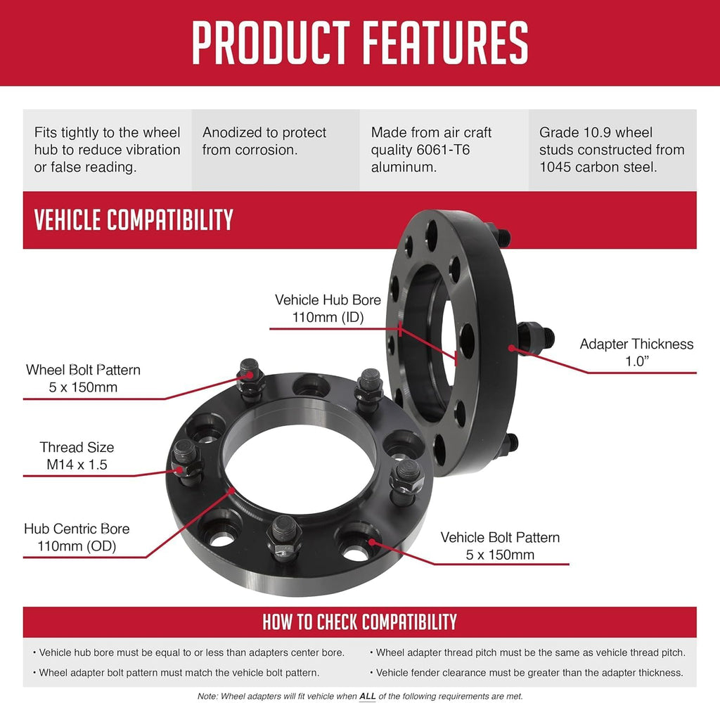 Wheel Accessories Parts 4 Pcs Hub Centric Wheel Spacers 5 on 150mm 5x150mm 1.00 Inch Thick 110mm Hub M14x1.5 14x1.5 Thread Stud Fits 2000+ Toyota Land Cruiser ｜ 2008-22 Sequoia ｜ 2007-21 Tundra