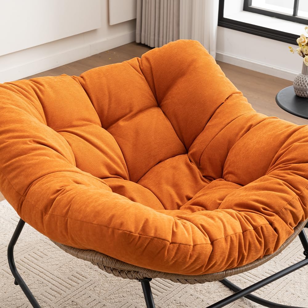 Outdoor Papasan Chair, Oversized Rocking Chair with Cushion and Metal Frame, Patio Lounge Rocking Chair for Balcony Backyard Porch Bedroom Living Room (Orange)