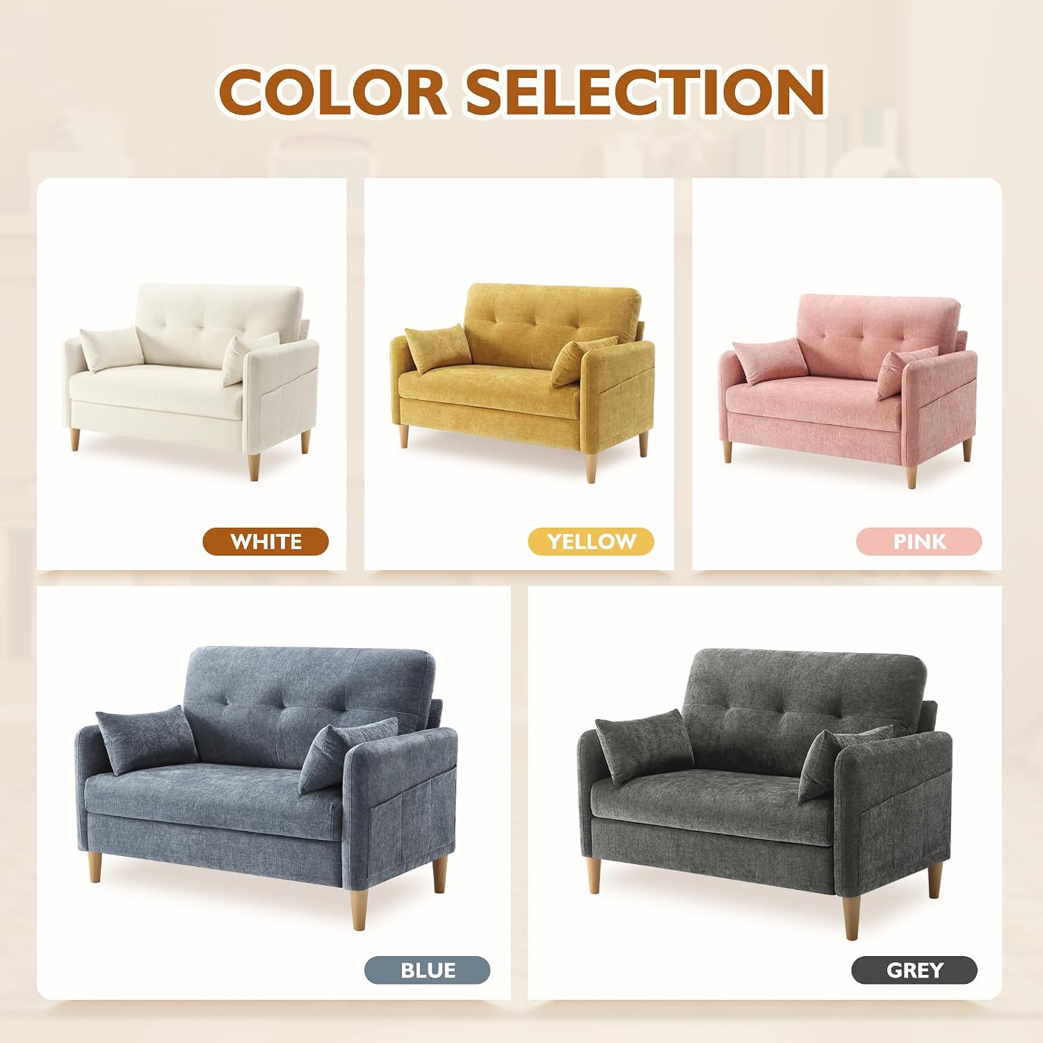 Urhanherry 47' Small Sofa Couch for Bedroom, Soft Chenille loveseat Mini Couch with Throw Pillow and Removable Cushion Cover for Small Spaces, Living Room, Apartment, Dorm, Office(Dark Grey)