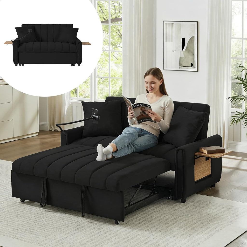 Convertible Sofa Bed, Pull Out Couch with 3-Position Reclining Backrest, Modern Velvet Upholstery Futon Sofa Bed, Loveseat Couch for Living Room, Apartments & Guest Rooms (Black-2)