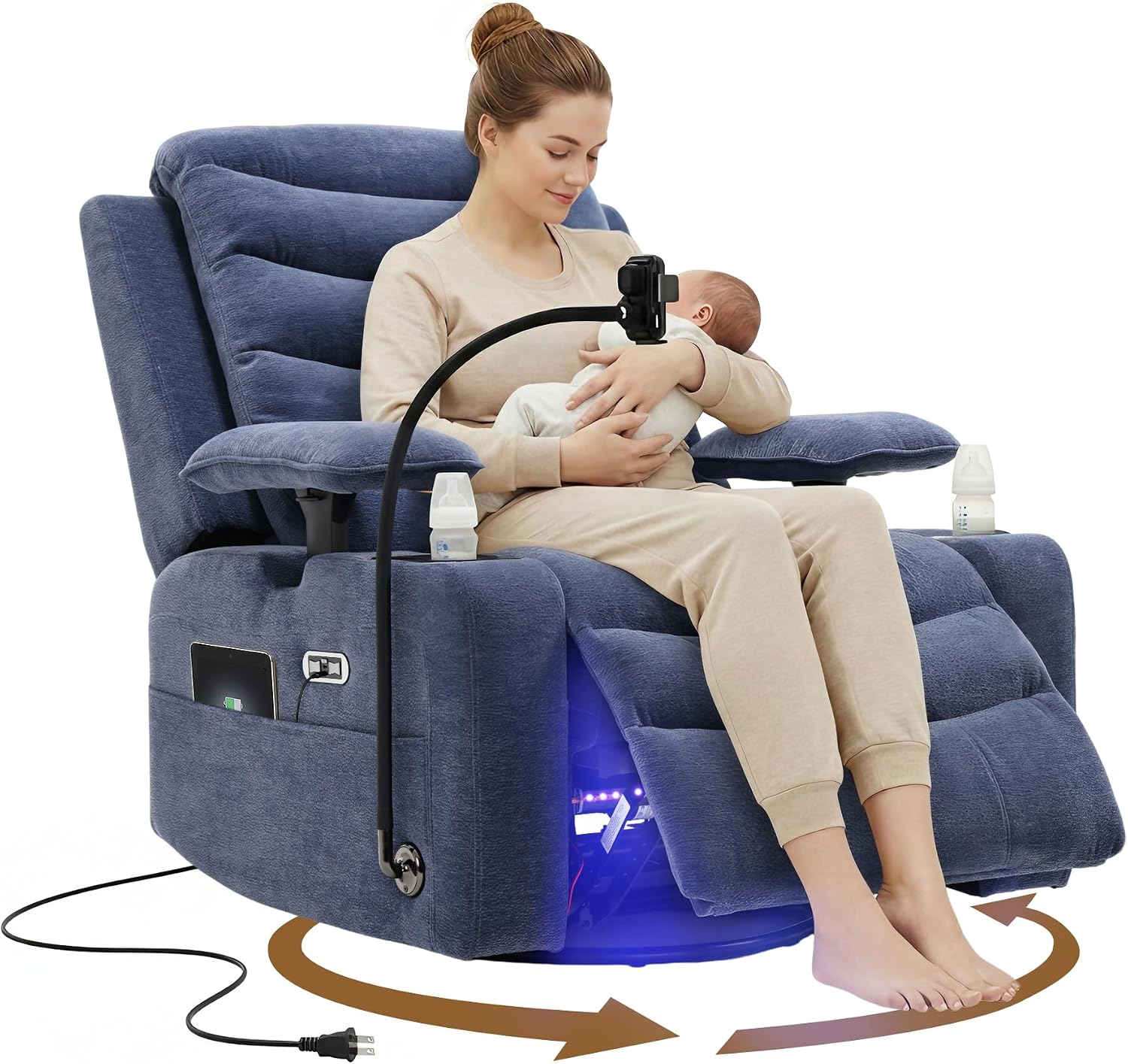 Olela Power Glider Recliner Nursery Chair, Swivel Rocking Chair with Electric Lumbar Support, USB Charging, Smart Cup Holder, Light, Adjustable Armrest, Wireless Phone Charger Holder, Chenille