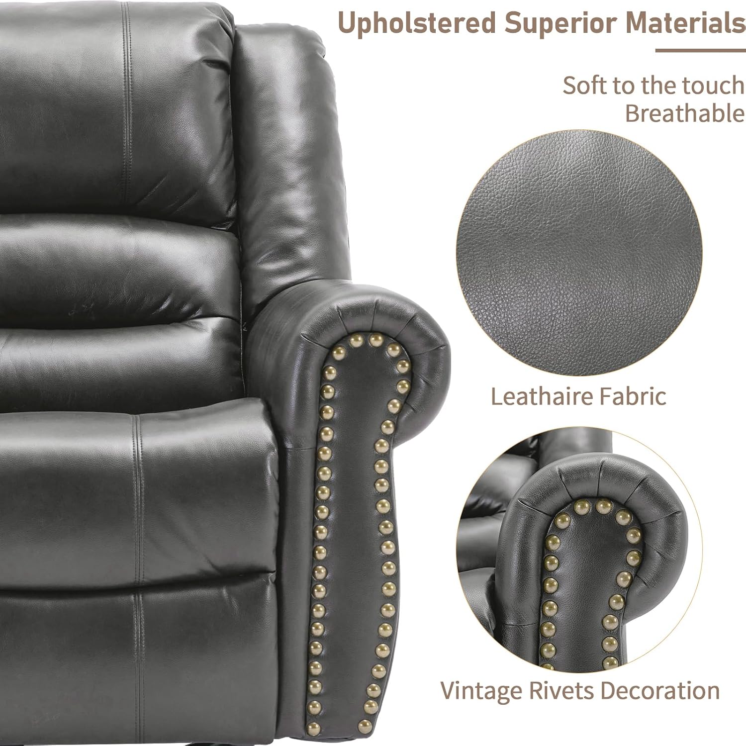 Manual Massage Swivel Rocker Recliner with Heat and Vibration, 360° Swivel Glider Rocking Recliner Chair, Classic Living Room Lounge Recliners with Side Pockets & USB Ports, Dark Gray